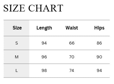 Size chart showing size, length, waist and hips for sizes S, M and L